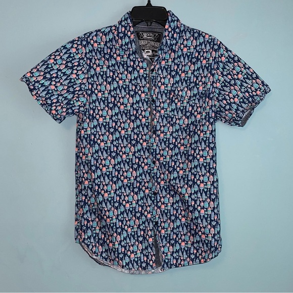 Broken Threads Fishing Bobbers Print Short Sleeve Button Down Shirt Size Medium - Picture 1 of 6